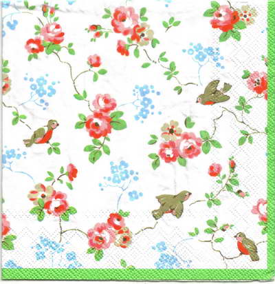 แนวภาพ Cath Kidston ดอกไม้ ช่อดอกกุหลาบจิ๋ว กับนกน้อย เป็นภาพกระจายเต็มแผ่น กระดาษแนพกิ้นสำหรับทำงาน เดคูพาจ Decoupage Paper Napkins ขนาด 33X33cm