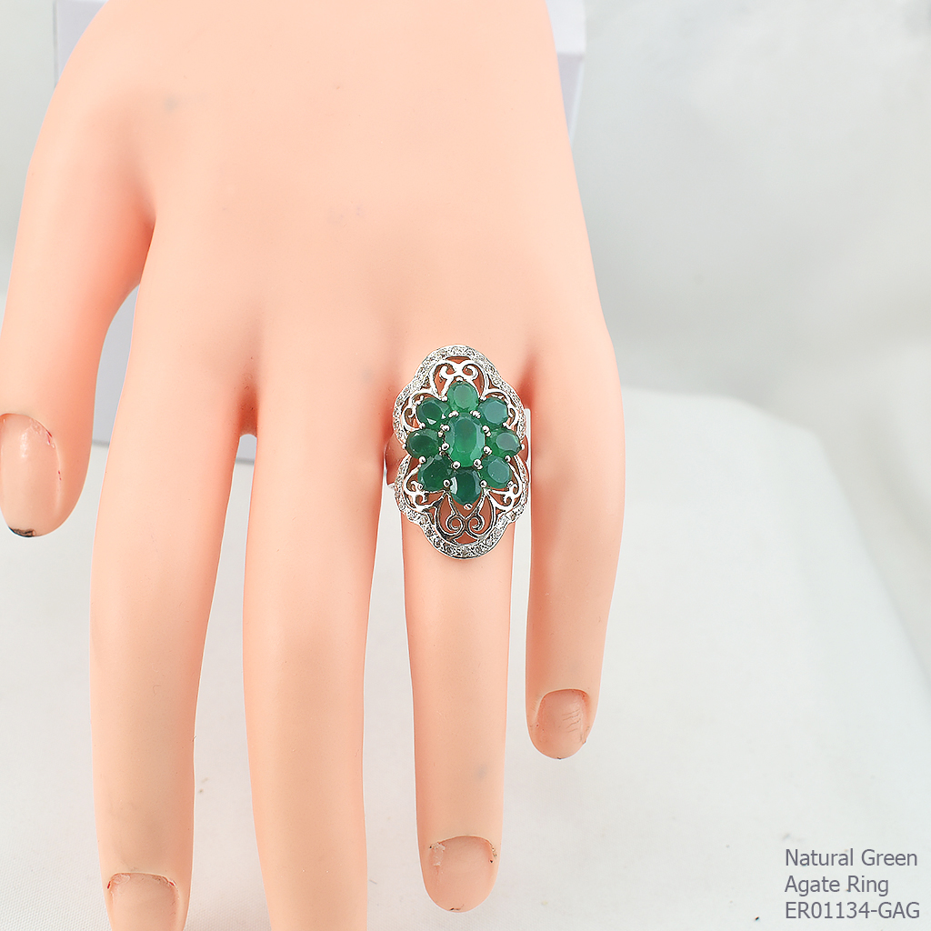 SKJewelryFactory แหวนที่เหมาะกับใส่นิ้วกลาง แหวนเงินแท้ 92.5% ฝังพลอยกรีนอะเกทแท้ แหวนดอกไม้ใหญ่ ER01134-GAG