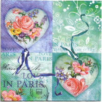 แนวภาพ Valentine กระเบื้องหัวใจ ลายกุหลาบ Love in Paris เป็นภาพบล็อค 4 กระดาษแนพกิ้นสำหรับทำงาน เดคูพาจ Decoupage Paper Napkins ขนาด 33X33cm