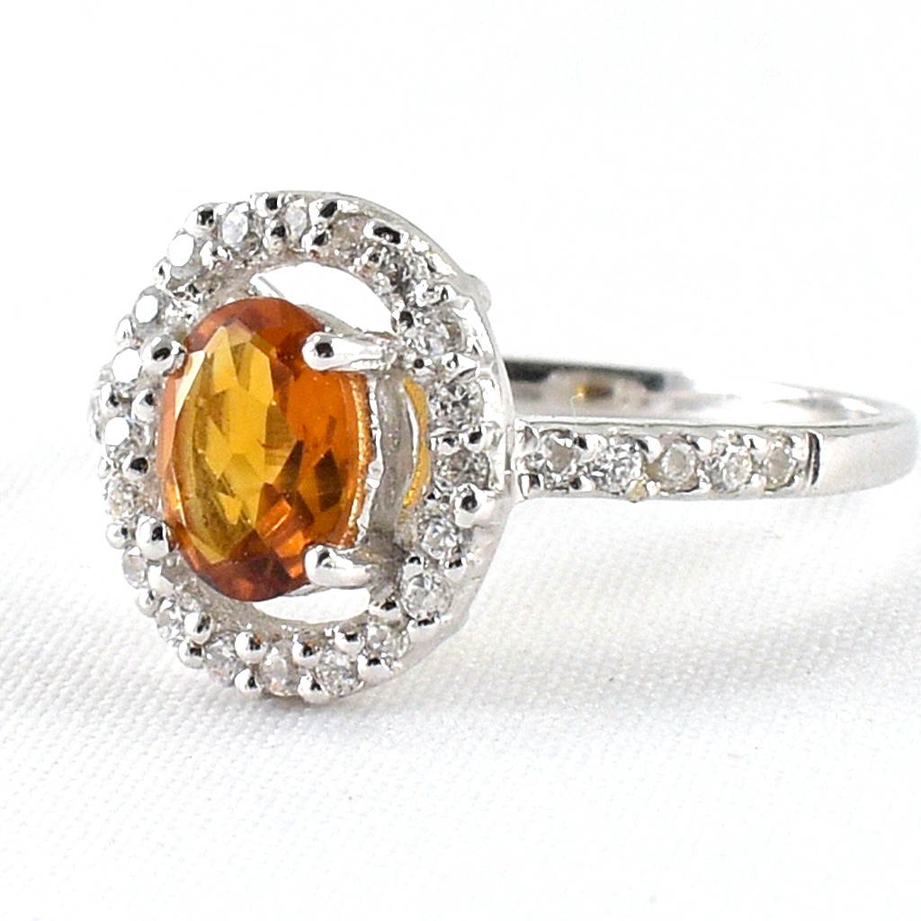 SKJewelryfactory แหวนเงินแท้ ฝังพลอยซิทรินแท้ ล้อมเพชร สไตล์หรูหรา ER02206-CIT