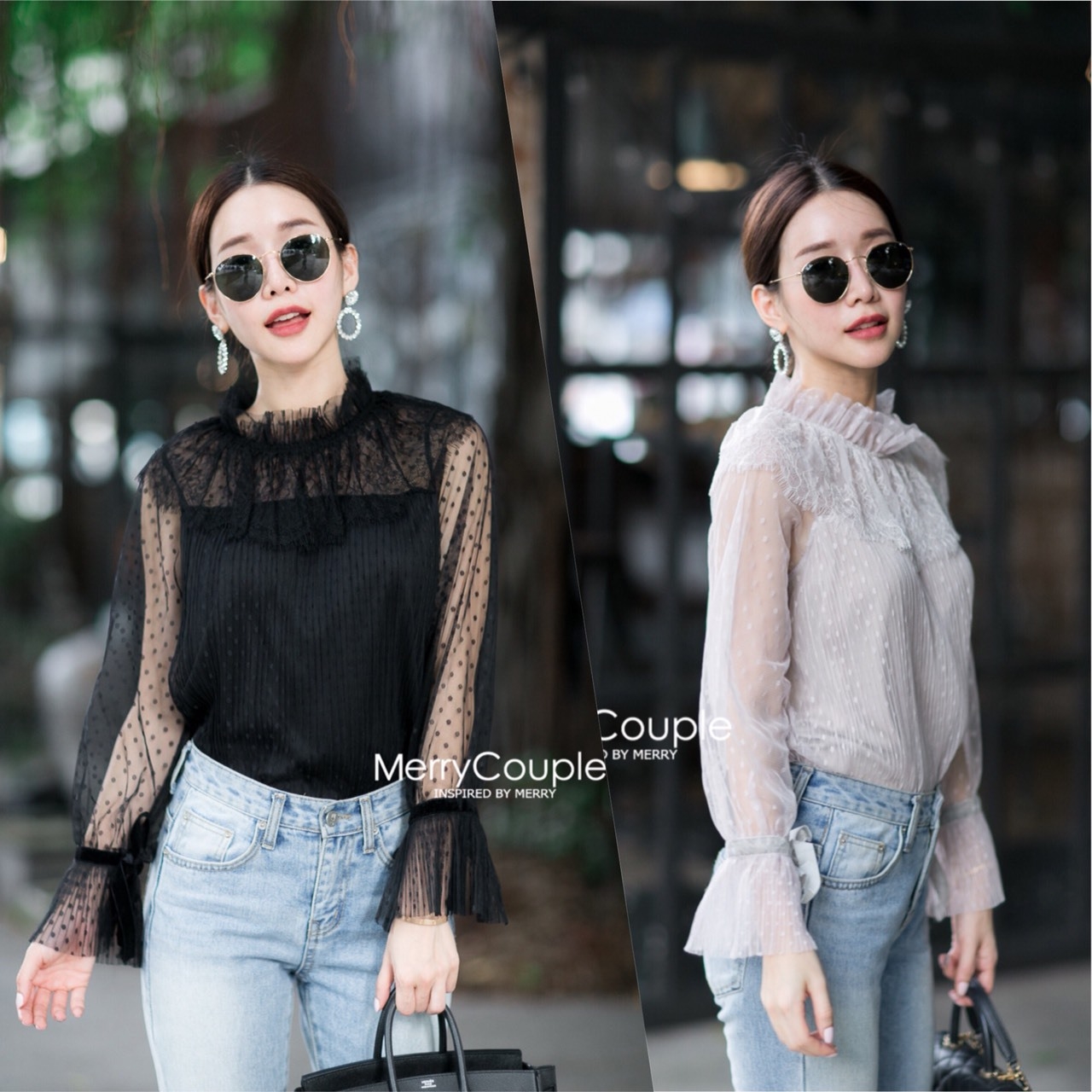 เสื้อเกาหลี พร้อมส่ง เสื้อซีทรู แขนยาวแต่งระบายลูกไม้