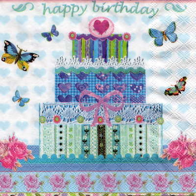 แนวภาพ Happy Birthday เค้กวันเกิด ลูกไม้ เป็นภาพบล็อค 4 กระดาษแนพกิ้นสำหรับทำงาน เดคูพาจ Decoupage Paper Napkins ขนาด 33X33cm