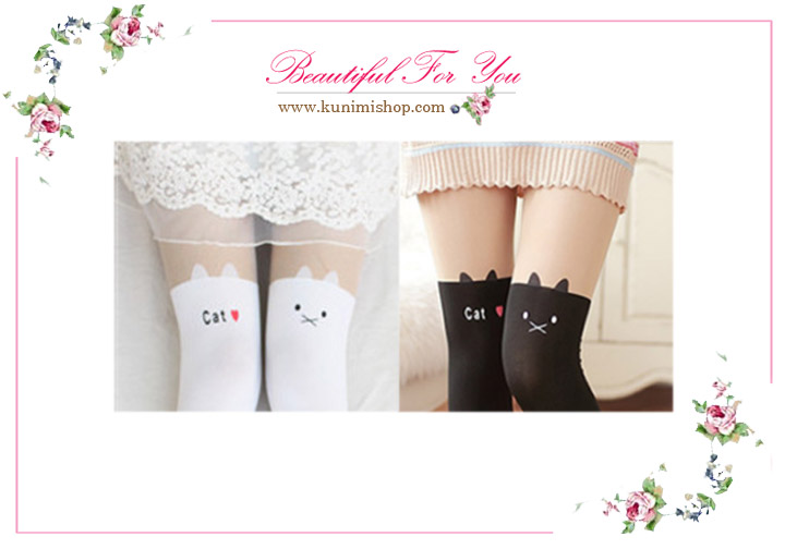 WL029 ถุงน่องแบบเต็มตัวน่ารัก สีทูโทน ลายแมวเหมียว พิมพ์ว่า cat มีให้เลือก 2 สี ขาว และ ดำ