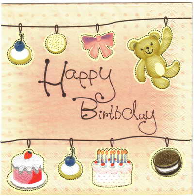 แนวภาพ Happy Birthday Teddy Bear กับขนมเค้ก วันเกิด เป็นภาพแนวยาว กระดาษแนพกิ้นสำหรับทำงาน เดคูพาจ Decoupage Paper Napkins ขนาด 33X33cm