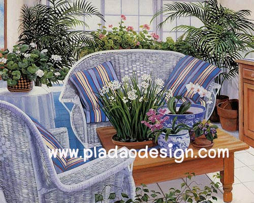 กระดาษเดคูพาจพิมพ์ลาย สำหรับทำงาน เดคูพาจ Decoupage งานฝีมือ งาน Handmade แนวภาพ บ้านและสวน มุมเก้าอี้หวายสีเทา พร้อมต้นไม้หลายพันธุ์ตกแต่งทั่วห้อง (ปลาดาวดีไซน์)
