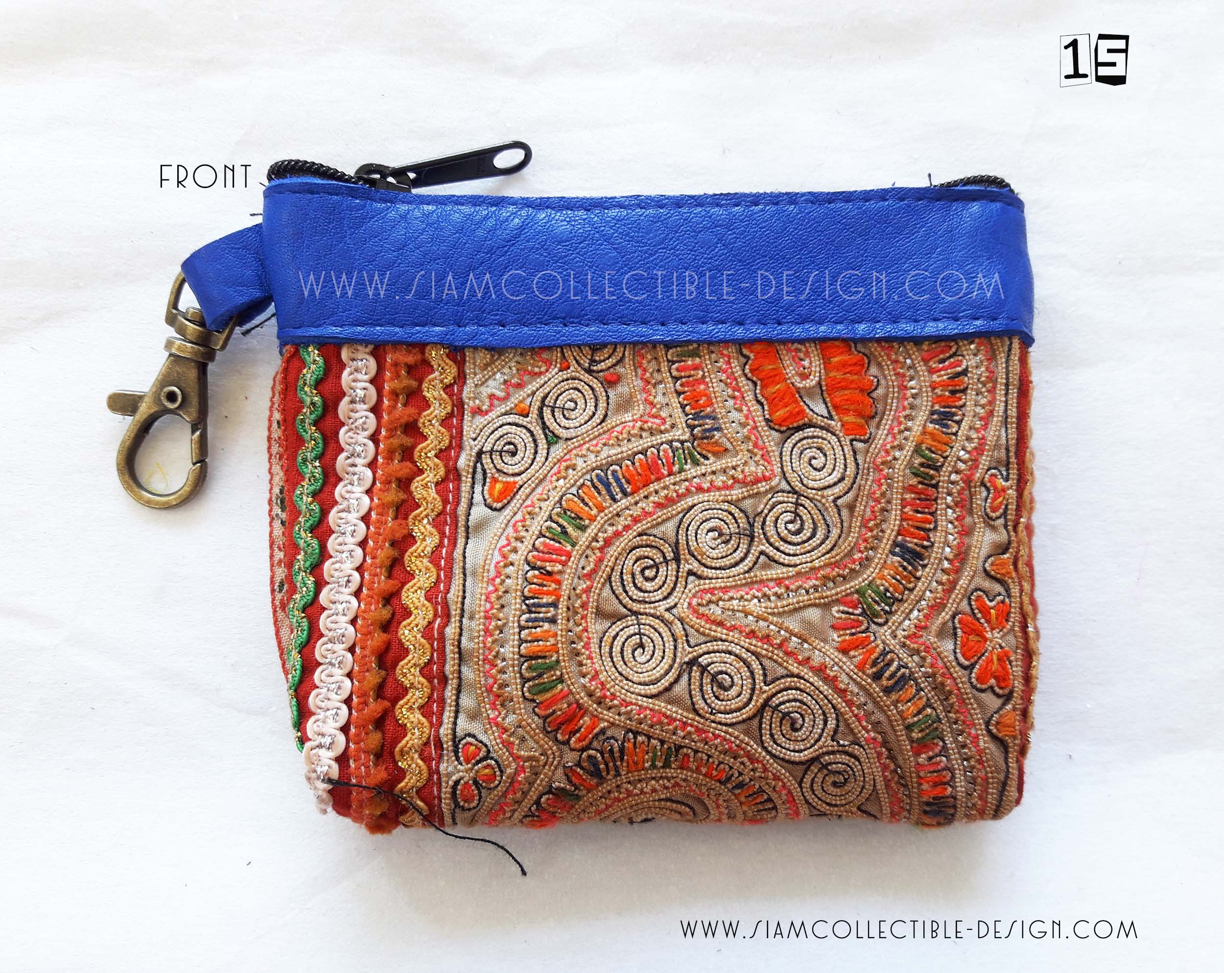 กระเป๋าสตางค์ผ้าแม้วขอบหนัง HWTL15 /Hmong Vintage Pouch Coin Purse Leather trim HWTL15