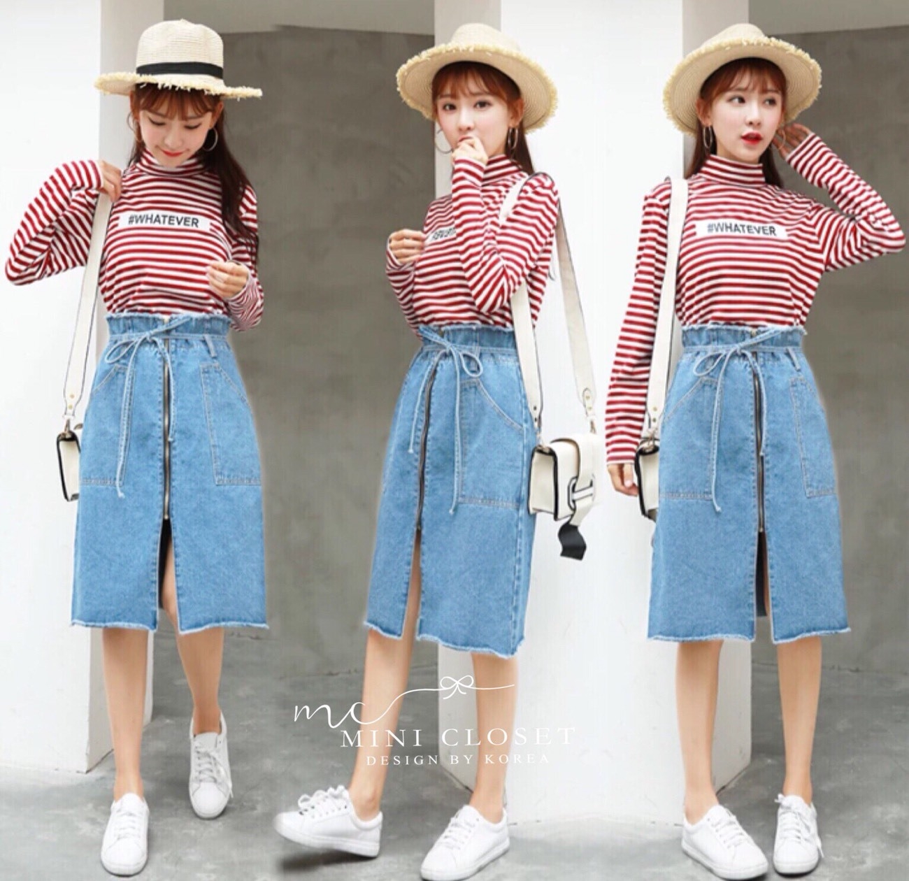 แฟชั่นเกาหลี พร้อมส่ง กระโปรงยีนส์ เอวสูงทรงเอไลน์
