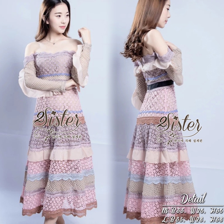 เดรสลูกไม้ พร้อมส่ง ชุดเดรสยาว เปิดไหล่ เล่นแต่งสลับสี