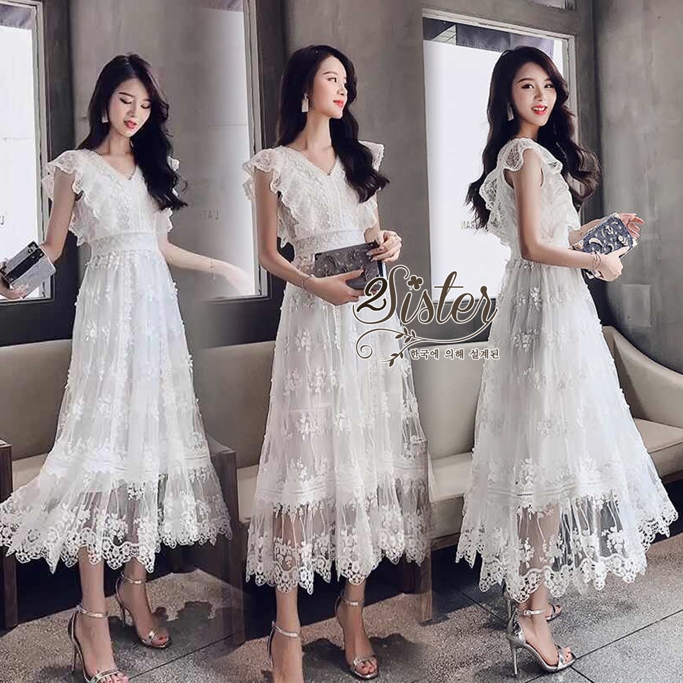 เดรสเกาหลี พร้อมส่ง เดรสยาว สีขาวลุคสาวหวาน