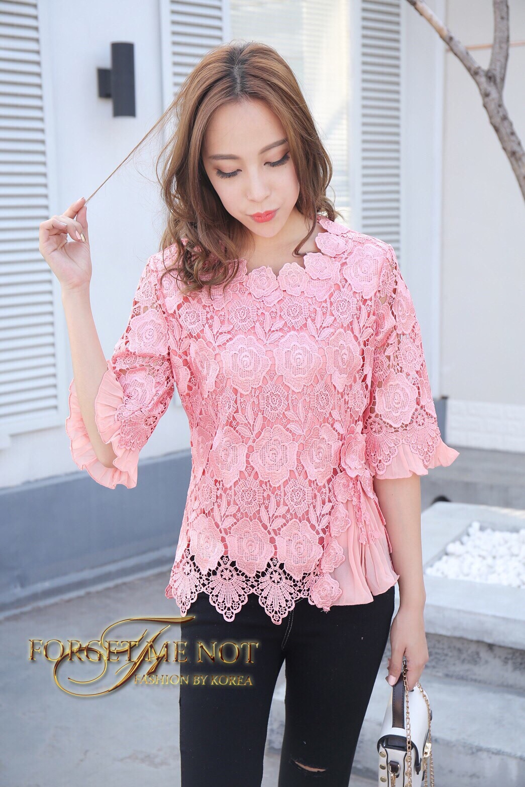 เสื้อลูกไม้ พร้อมส่ง เสื้อลูกไม้ ฝรั่งเศสแขน 5 ส่วน