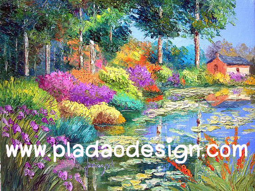 กระดาษสาพิมพ์ลาย สำหรับทำงาน เดคูพาจ Decoupage แนวภาำพ ภาพวาดสไตล์ยุโรปสีสันสดสวยน่ารักมากๆ ร่มรื่นไปด้วยต้นไม้ใหญ่ มีบ้านหลังน้อยปลูกอยู่ใกล้ๆ สระบัว (ปลาดาวดีไซน์)