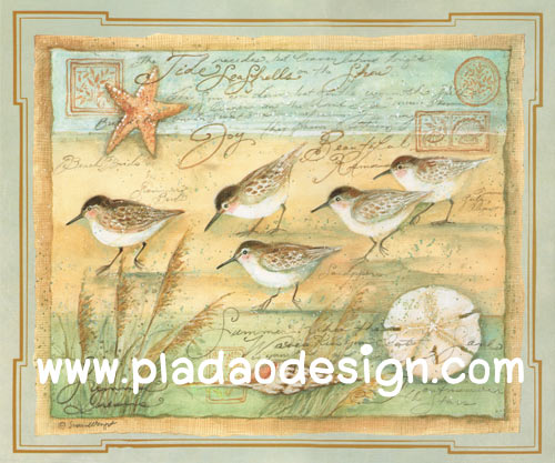 กระดาษสาพิมพ์ลาย สำหรับทำงาน เดคูพาจ Decoupage แนวภาำพ ภาพวาดสีหวาน นก 5 ตัว เดินเล่นกันอยู่ทีชายหาด พื้นสีเขียวซอฟท์ๆ ภาพในกรอบแบบหลุยส์ (ปลาดาวดีไซน์)