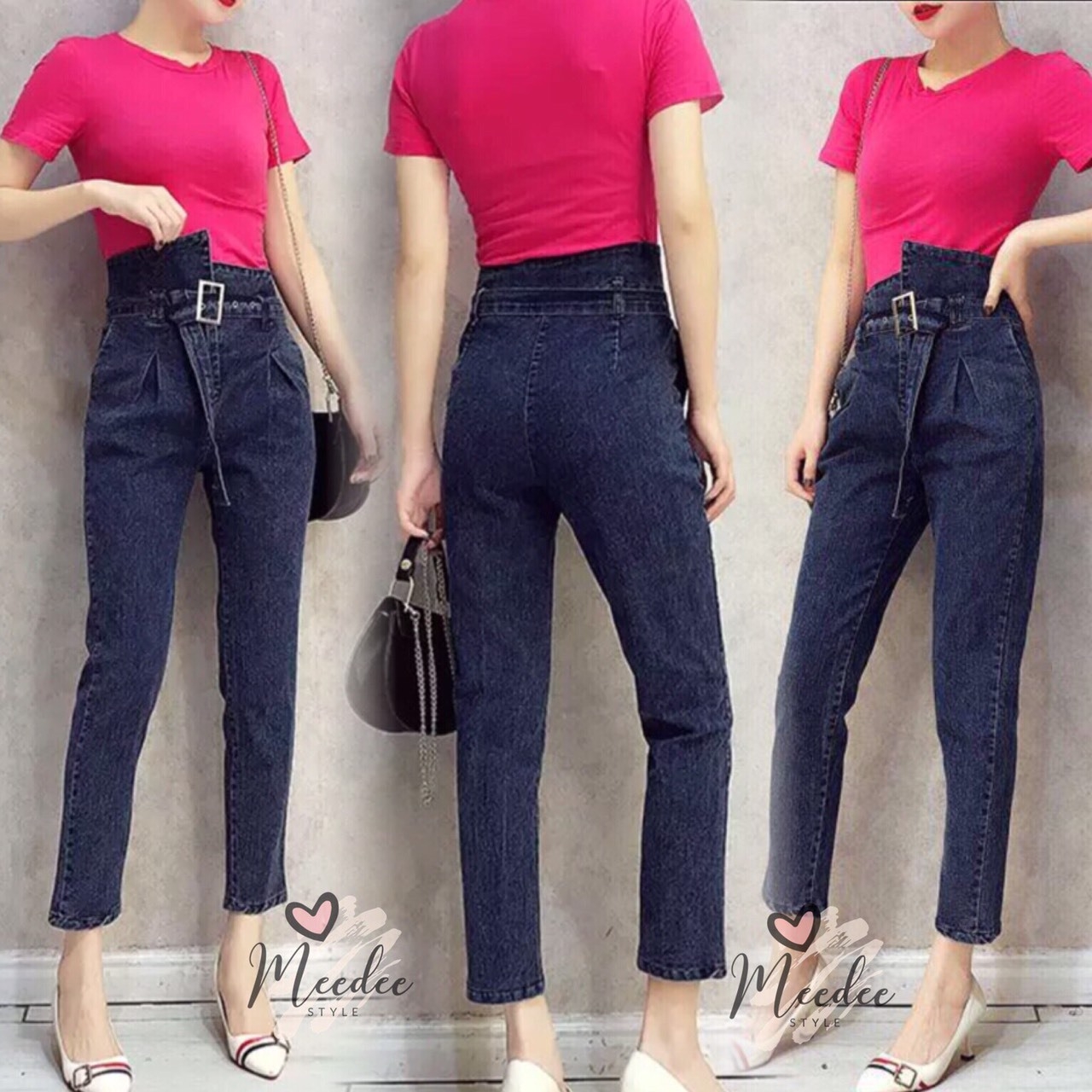 เสื้อผ้าเกาหลี พร้อมส่ง เสื้อยืด สีชมพู และ กางเกงยีนส์ เอวสูง