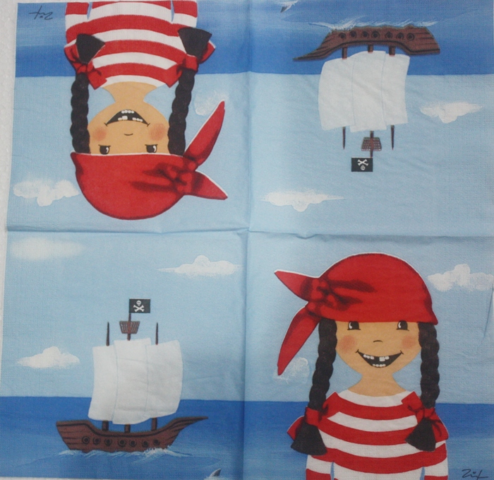 แนวภาพทะเล เด็กหญิงโจรสลัด กับเรือใบ การ์ตูน Pirate เป็นภาพครึ่งแผ่น กระดาษแนพกิ้นสำหรับทำงาน เดคูพาจ Decoupage Paper Napkins ขนาด 33X33cm