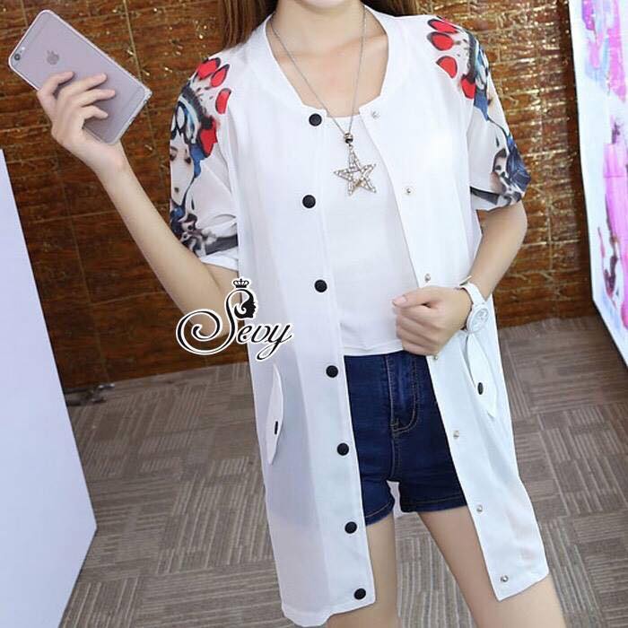 พร้อมส่ง เชิ้ตเสื้อคลุมผ้าชีฟองพิมพ์แต่งลายหน้าสาว