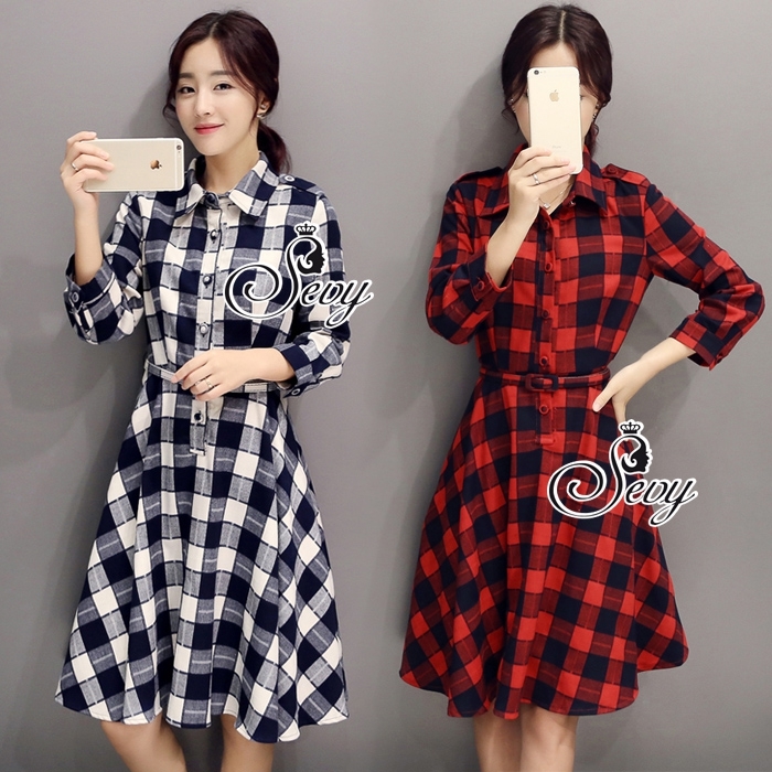 พร้อมส่ง เดรสทรงเชิ้ตตัวยาวคอปกแขนยาวกระดุมผ่าหน้า