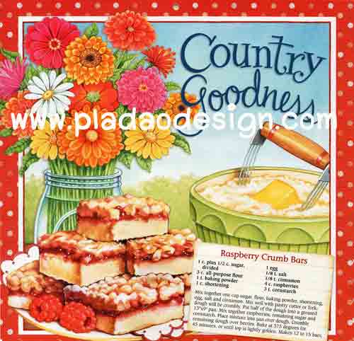 กระดาษสาพิมพ์ลาย สำหรับทำงาน เดคูพาจ Decoupage แนวภาำพ Country Goodness ดอกไม้ในแจกัน กับขนมบราวนี่กับ สูตรทำขนม Raspberry Crumb Bars สีสด (ปลาดาวดีไซน์)