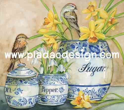 กระดาษสาพิมพ์ลาย สำหรับทำงาน เดคูพาจ Decoupage แนวภาำพ นกน้อย 2 ตัว คุยกันอยู่้บนเครื่องลายคราม ปักดอกไม้สีเหลือง (ปลาดาวดีไซน์)