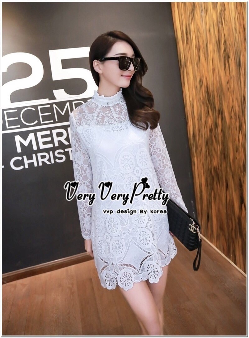 พร้อมส่ง เดรสเกาหลี เดรสแขนยาวตัดแต่งผ้าลูกไม้