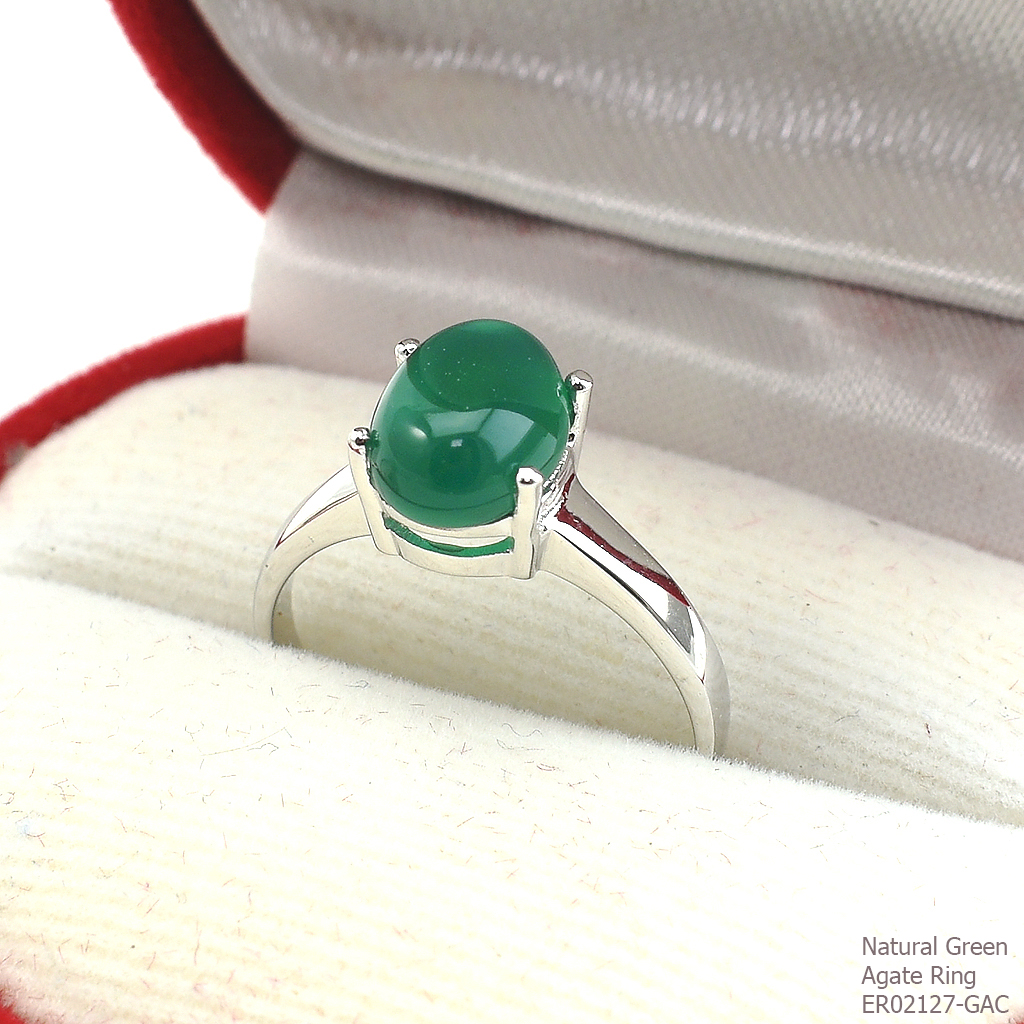 SKJewelryFactory เเหวนพลอยหลังเบี้ย เรือนเงินแท้ 92.5% ฝังพลอยกรีนอะเกทแท้ ER02127-GAC