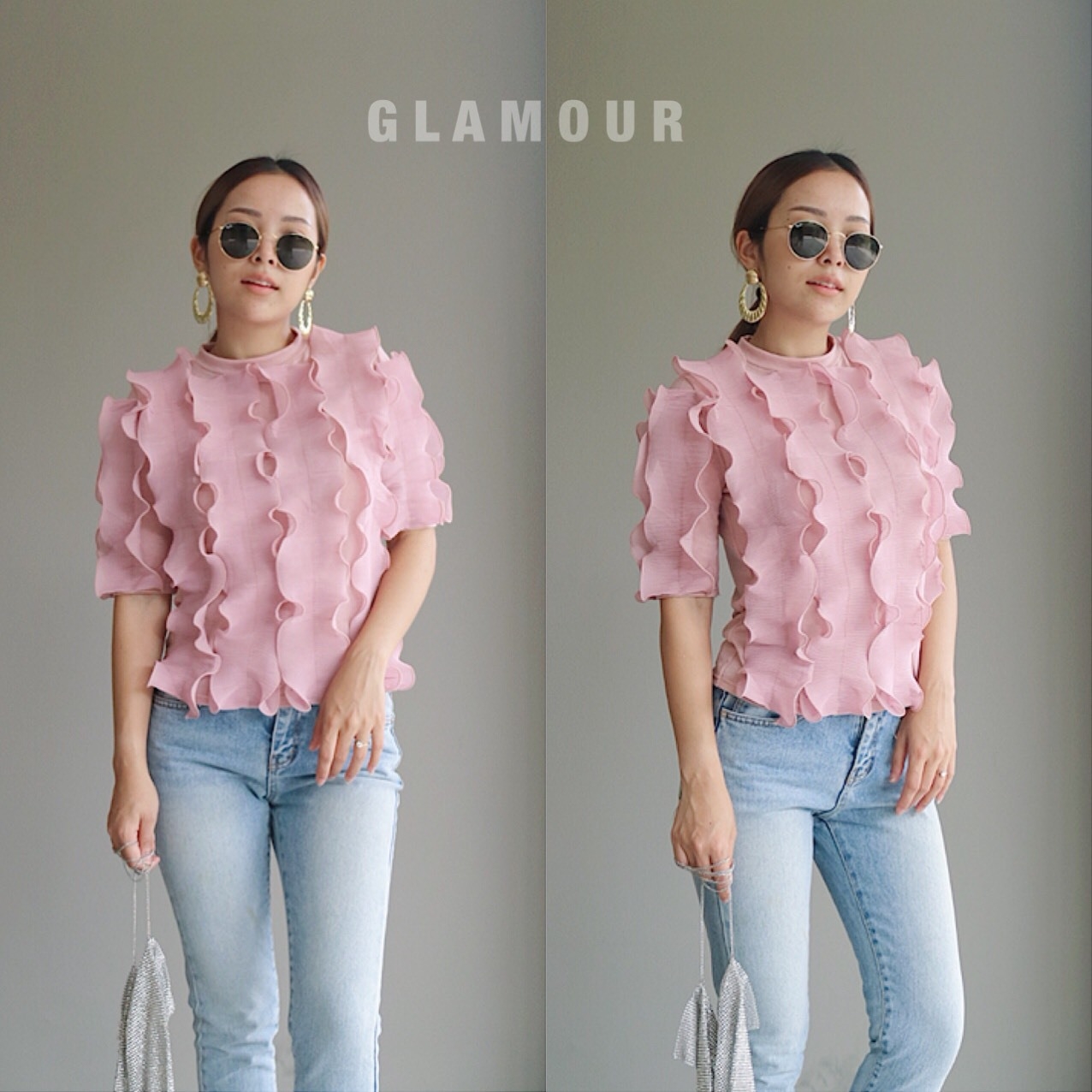 เสื้อเกาหลี พร้อมส่ง เสื้อแขนสั้น แต่งระบายพลีท