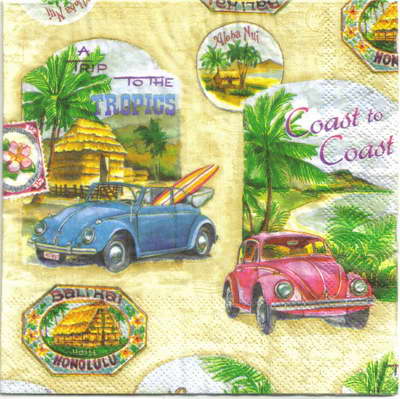 แนวภาพทะเล Honolulu Volk Road Trip Vintage Beach Hotel เป็นภาพครึ่งแผ่น กระดาษแนพกิ้นสำหรับทำงาน เดคูพาจ Decoupage Paper Napkins ขนาด 33X33cm