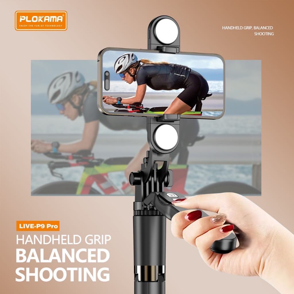 ไม้เซลฟี่มีไฟ พร้อมขาตั้งในตัว PLOKAMA LIVE-P9 PRO