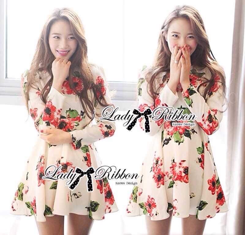 พร้อมส่ง เดรสระบายพิมพ์ลายดอกไม้สีสันสดใส