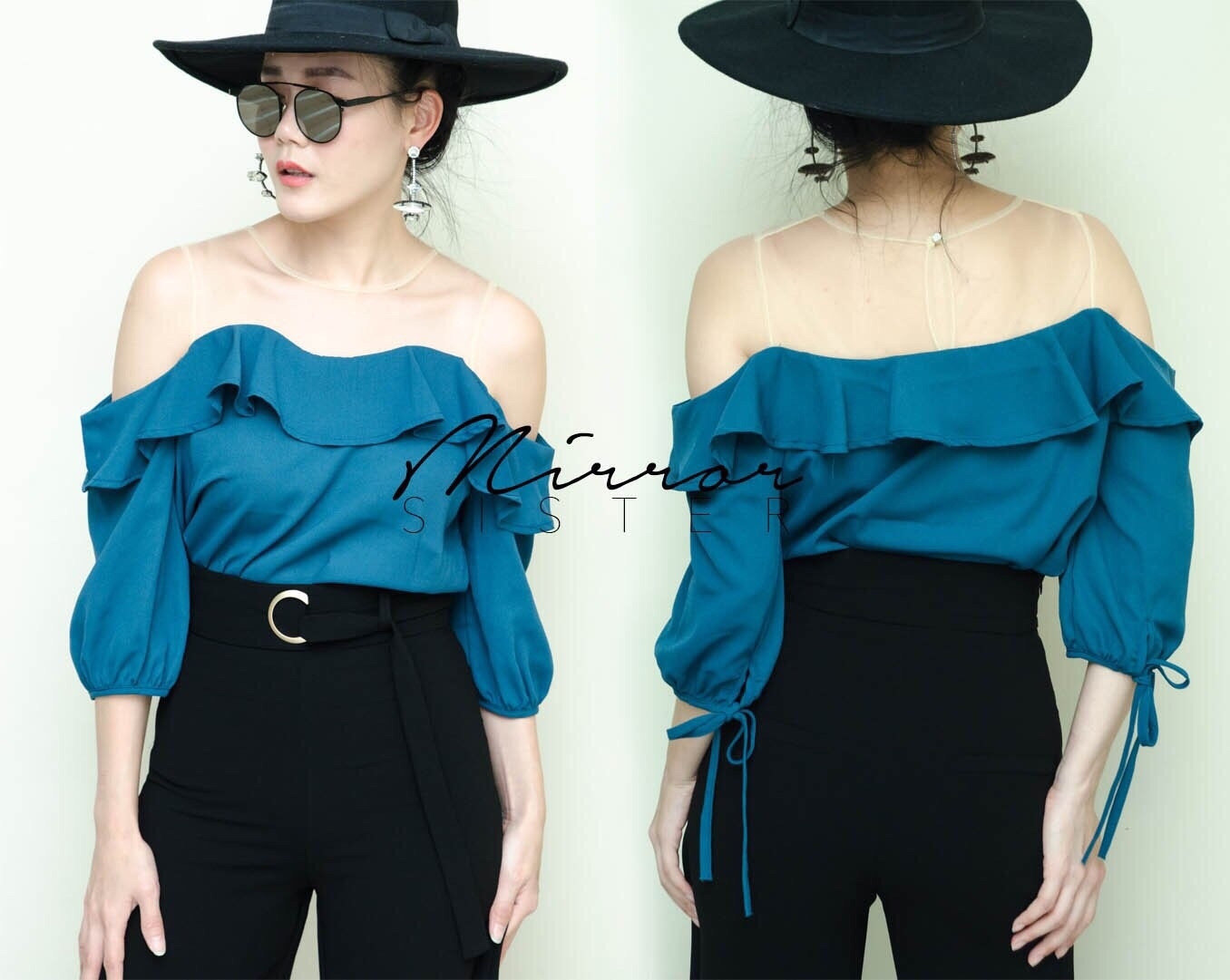 เสื้อเกาหลี พร้อมส่ง เสื้อปาดไหล่ ช่วงอกแต่งระบายรอบตัว