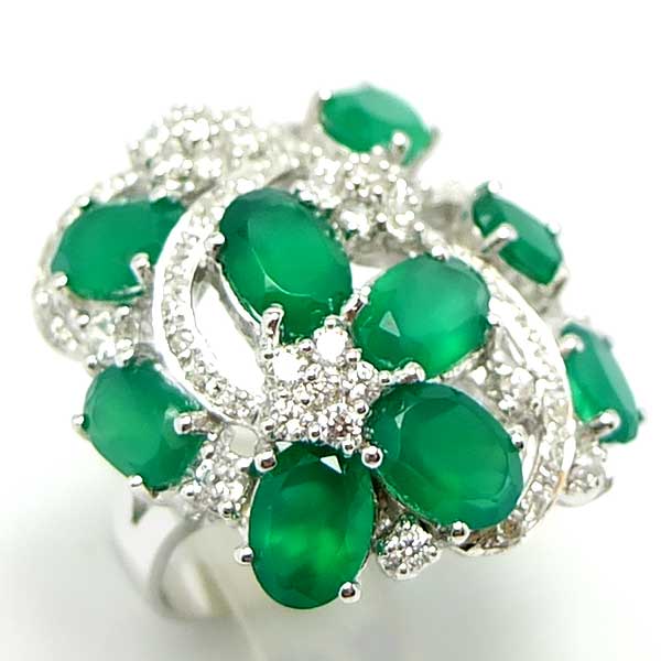 SKJewelryFactory แหวนดอกไม้พุ่มใหญ่ สีเขียวขจี สีนี้เหมาะสำหรับคนเกิดวันพุธ แหวนพลอยกรีนอะเกทแท้ ER00843-GAG