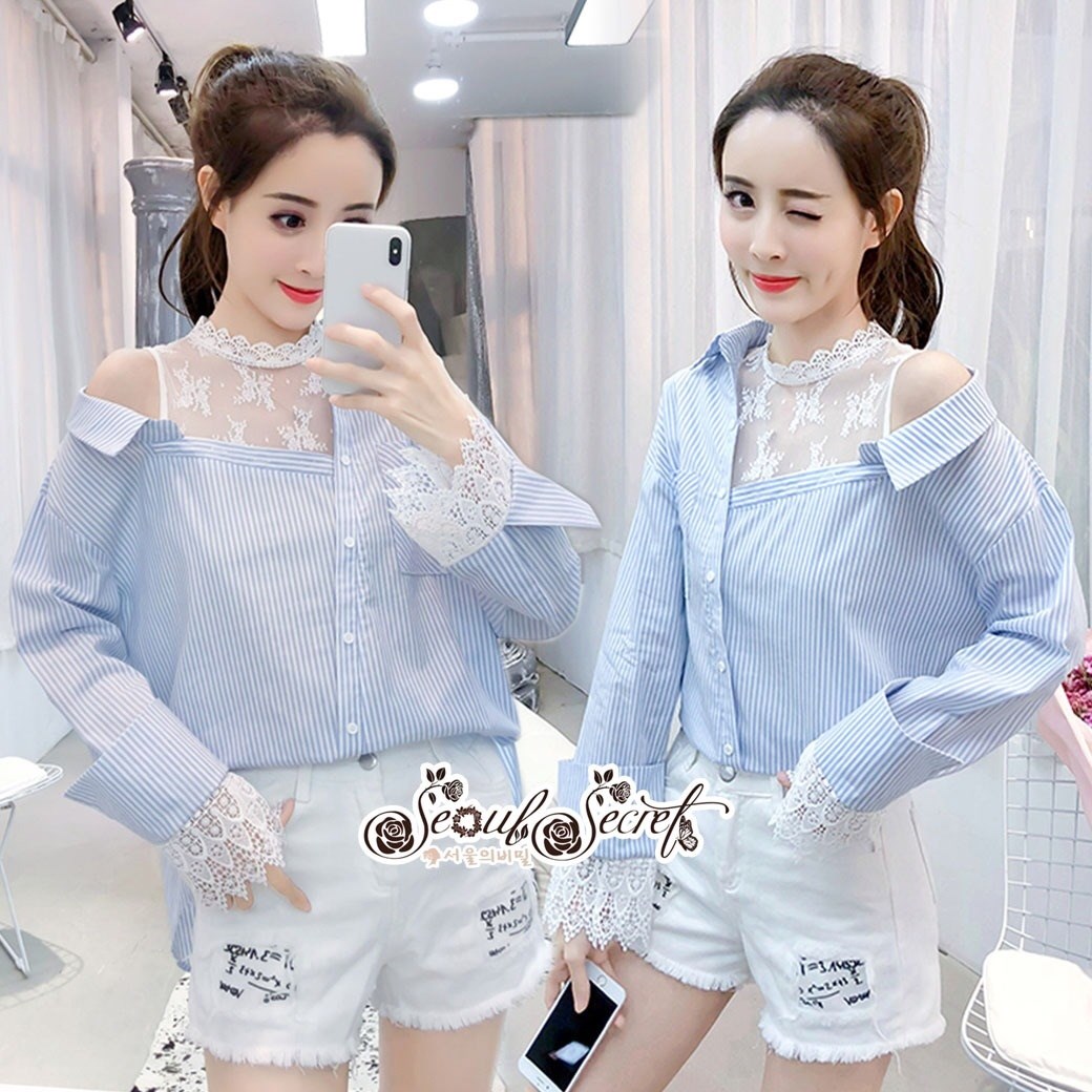 เสื้อเกาหลี พร้อมส่ง เสื้อเชิ้ต ทรงเฉียงเก๋ๆ