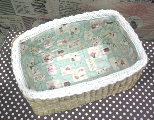 ชิ้นงานดิบผักตบชวา ทำ Decoupage งานเพนท์ กระบะเจาะหู ทรงผืนผ้า บุผ้าวินเทจตีตาราง ติดลูกไม้วินเทจ