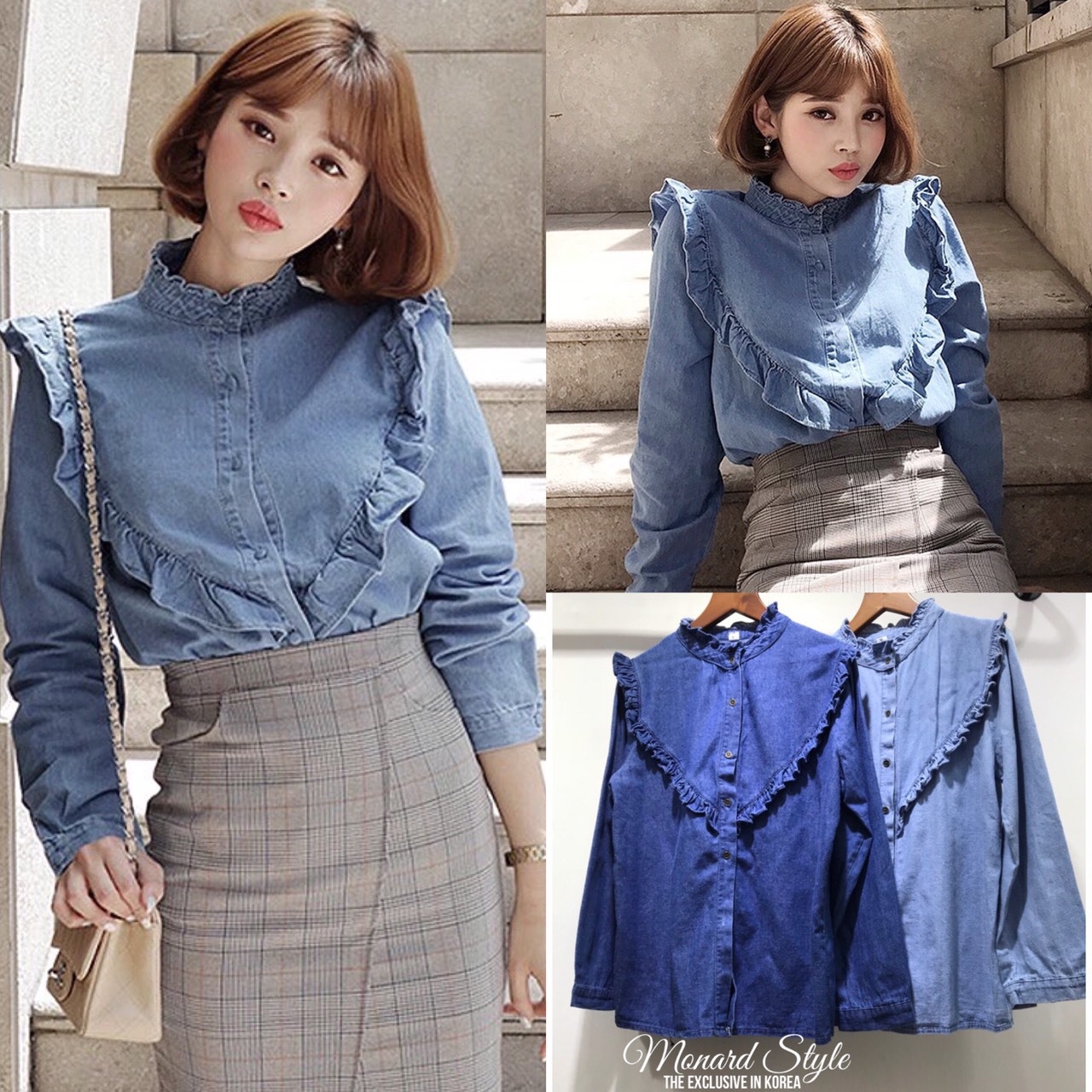 เสื้อเกาหลี พร้อมส่ง เสื้อยีนส์แขนยาว หยักที่คอ