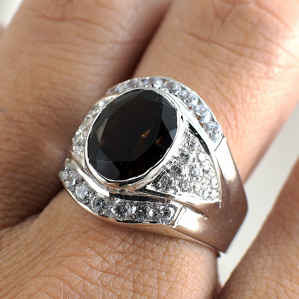 SKJewelryFactory แหวนเงินฝังพลอยสโมกกี้ควอทซ์แท้ MR00087-SMQ