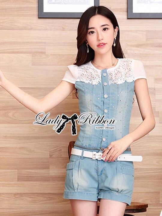 พร้อมส่ง Playsuit เพลย์สูทผ้าเดนิมตกแต่งผ้าลูกไม้