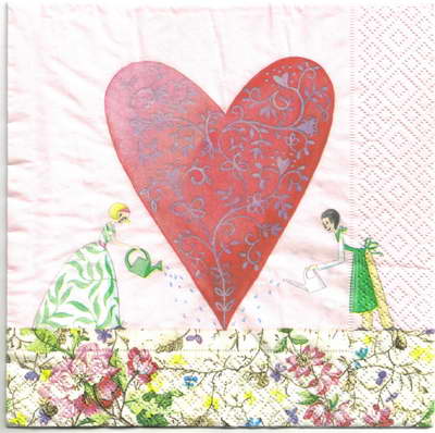 แนวภาพ Valentine หญิงสาว รดน้ำ หัวใจ พื้นกุหลาบ เป็นภาพบล็อค 4 กระดาษแนพกิ้นสำหรับทำงาน เดคูพาจ Decoupage Paper Napkins ขนาด 33X33cm