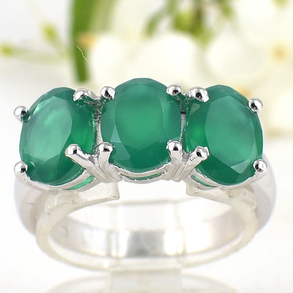 SKJewelryFactory แหวนพลอย3เม็ด พลอยกรีนอะเกทแท้ ER01769-GAG
