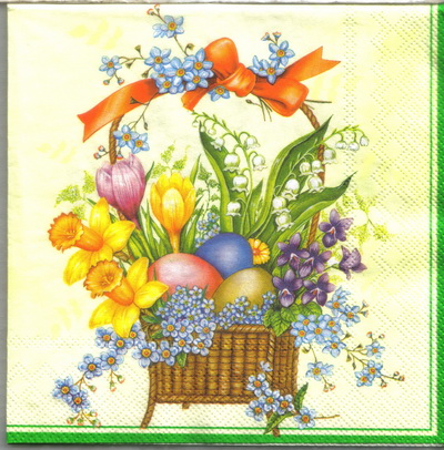 แนวภาพเทศกาล Easter Eggs ไข่อีสเตอร์ในตระกร้าดอกไม้ เป็นภาพแนวยาว กระดาษแนพกิ้นสำหรับทำงาน เดคูพาจ Decoupage Paper Napkins ขนาด 33X33cm
