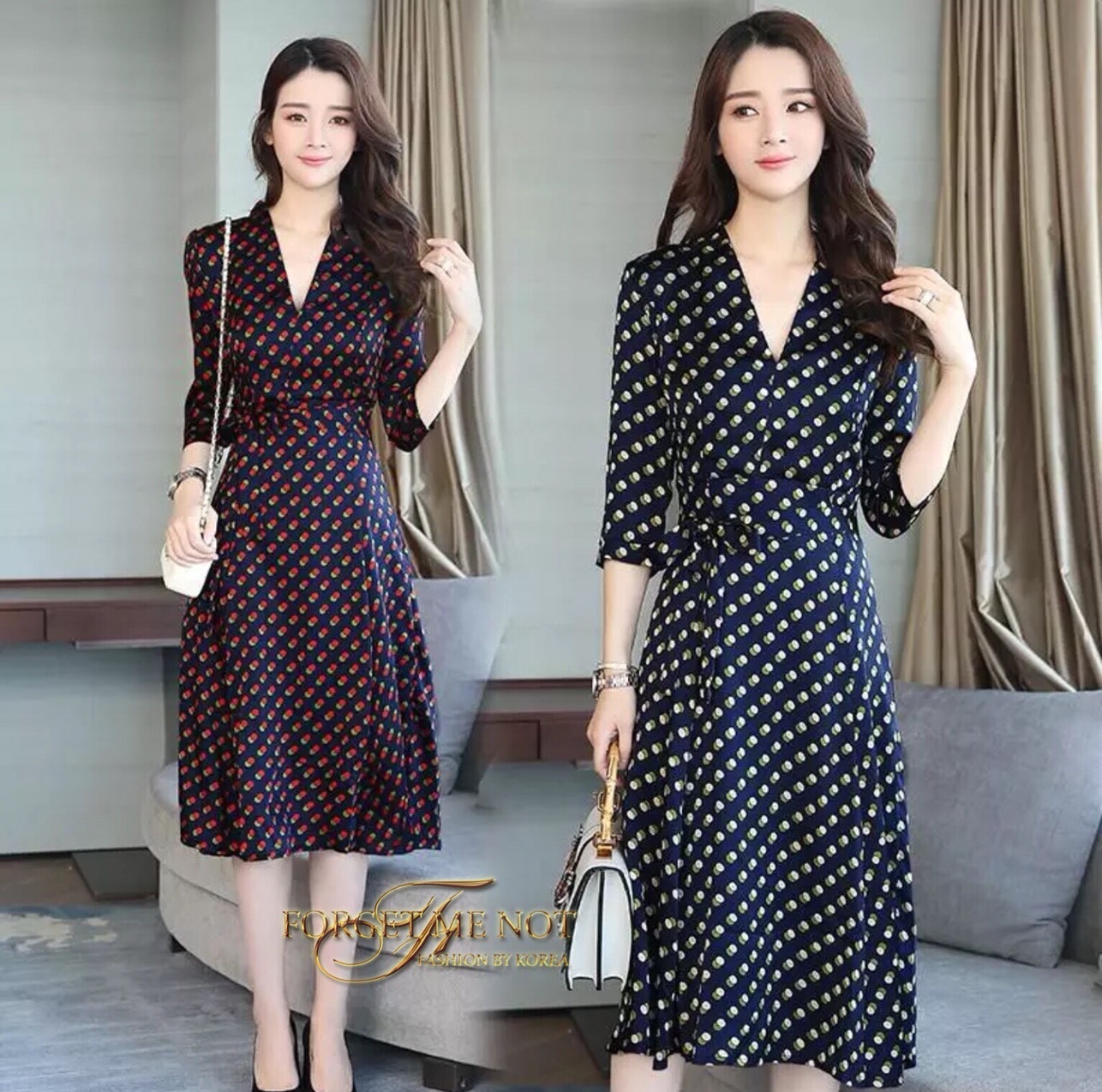 ชุดเดรสเกาหลี พร้อมส่ง Dress คอวี แขน 5ส่วน ลายจุด