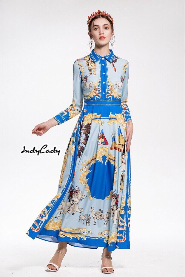 ชุดเดรสเกาหลี พร้อมส่ง เดรสยาว มาในโทนสีฟ้า-น้ำเงิน