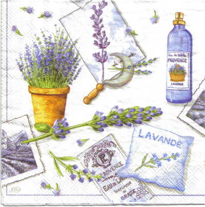 แนวภาพภาพสวน น้ำหอมลาเวนเดอร์ Lavender Perfurm พื้นครีม เป็นภาพแนวยาว กระดาษแนพกิ้นสำหรับทำงาน เดคูพาจ Decoupage Paper Napkins ขนาด 33X33cm