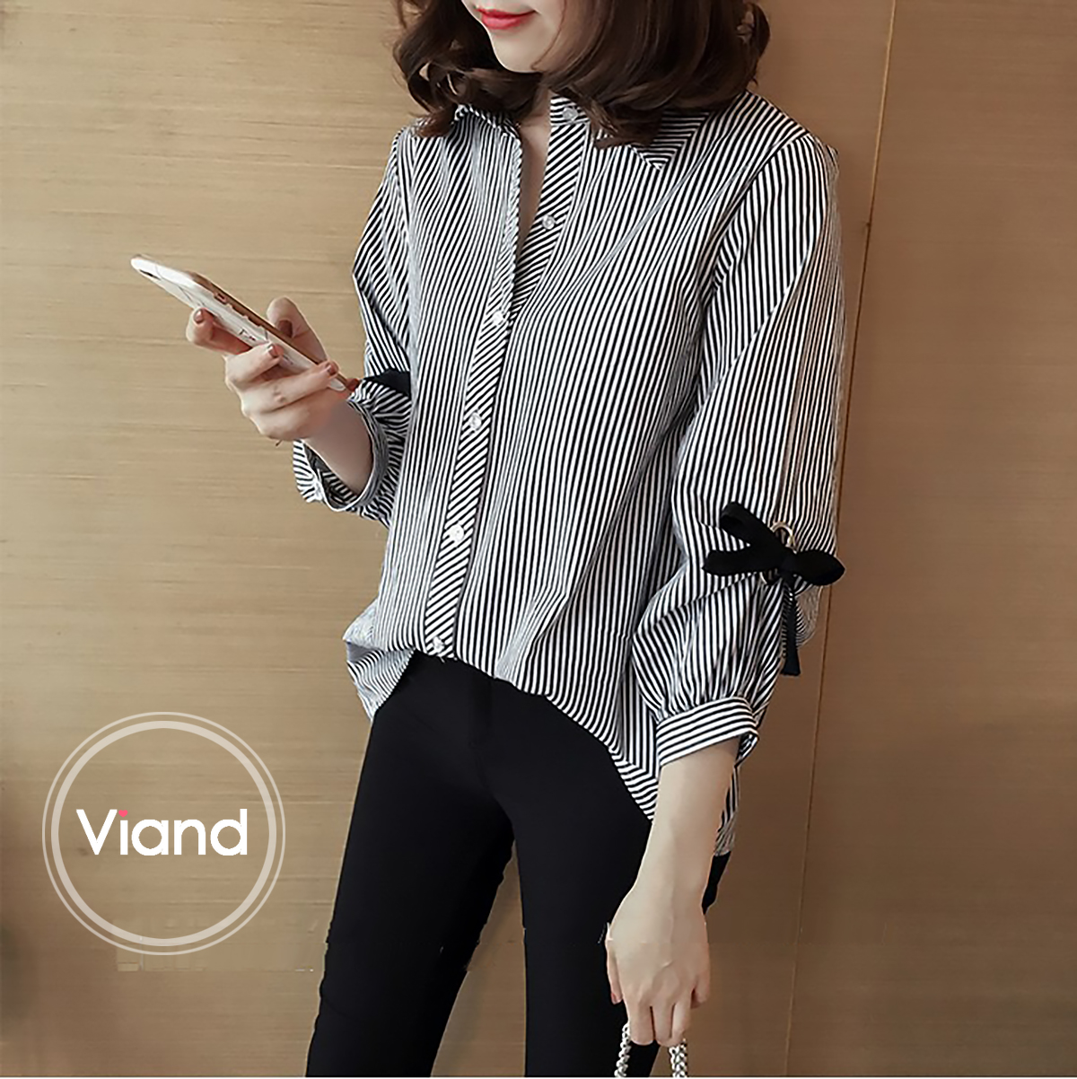 เสื้อเกาหลี พร้อมส่ง เสื้อลายริ้ว แขนผูกโบว์