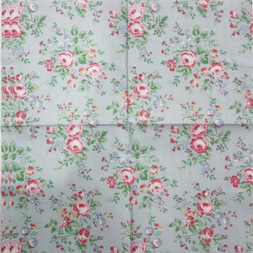 แนวภาพ Cath Kidston ดอกไม้ ช่อดอกกุหลาบหวาน บนพื้นฟ้า เป็นภาพกระจายเต็มแผ่น กระดาษแนพกิ้นสำหรับทำงาน เดคูพาจ Decoupage Paper Napkins ขนาด 33X33cm