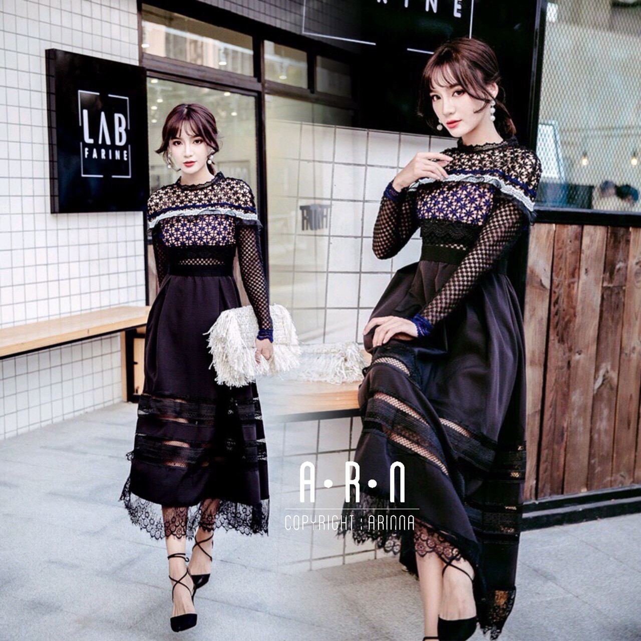 เดรสเกาหลี พร้อมส่ง เดรสยาว งาน hi-end แบรนด์ Selfportrait