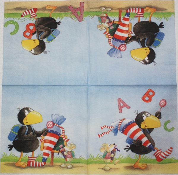 แนวภาพการ์ตูน นกกา กับน้องหนู กับของใช้เด็ก ภาพโทนสีฟ้า เป็นภาพลายไม่ซ้ำ กระดาษแนพกิ้นสำหรับทำงาน เดคูพาจ Decoupage Paper Napkins ขนาด 33X33cm