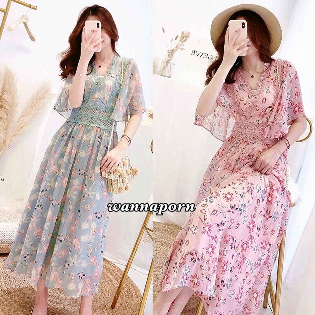 ชุดเดรสแฟชั่น พร้อมส่ง เดรสลายดอก เนื้อผ้าchiffon