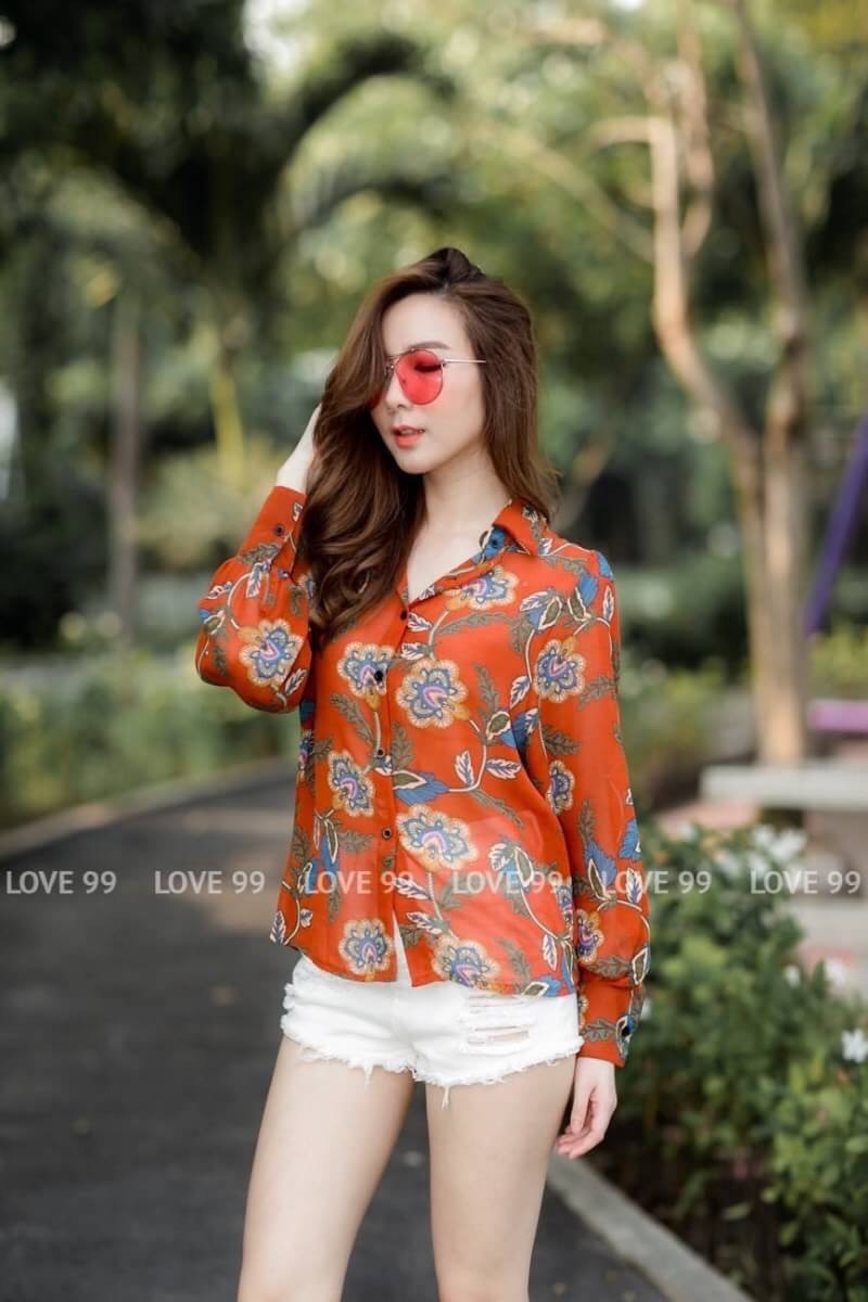 เสื้อเกาหลี พร้อมส่ง เสื้อเชิ้ต แขนพอง พิมพ์ลาย