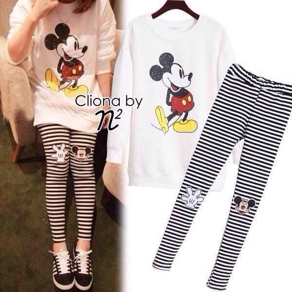 พร้อมส่ง Set เสื้อแขนยาวสีขาวพิมพ์ลายมิกกี้เมา
