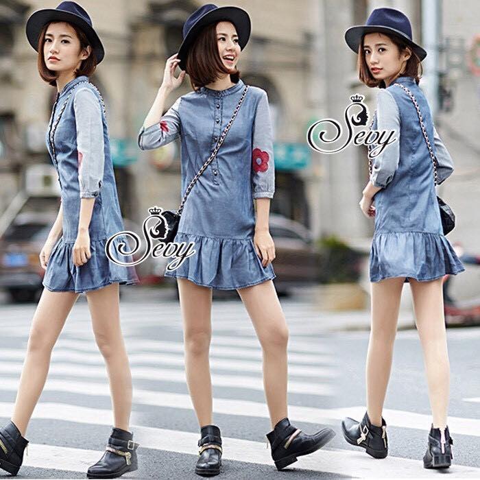 พร้อมส่ง มินิเดรสยีนส์ชายจับจีบระบาย เดรสเกาหลี