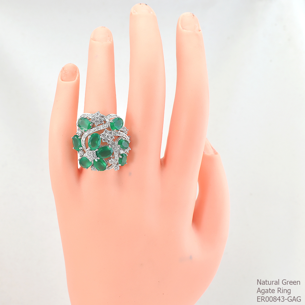 SKJewelryFactory แหวนดอกไม้พุ่มใหญ่ สีเขียวขจี สีนี้เหมาะสำหรับคนเกิดวันพุธ แหวนพลอยกรีนอะเกทแท้ ER00843-GAG